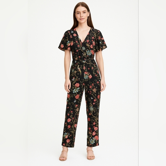 H&M Pants - H&M Black Floral Bird Print Jumpsuit Size 00 Elegant Boho Chic One Piece